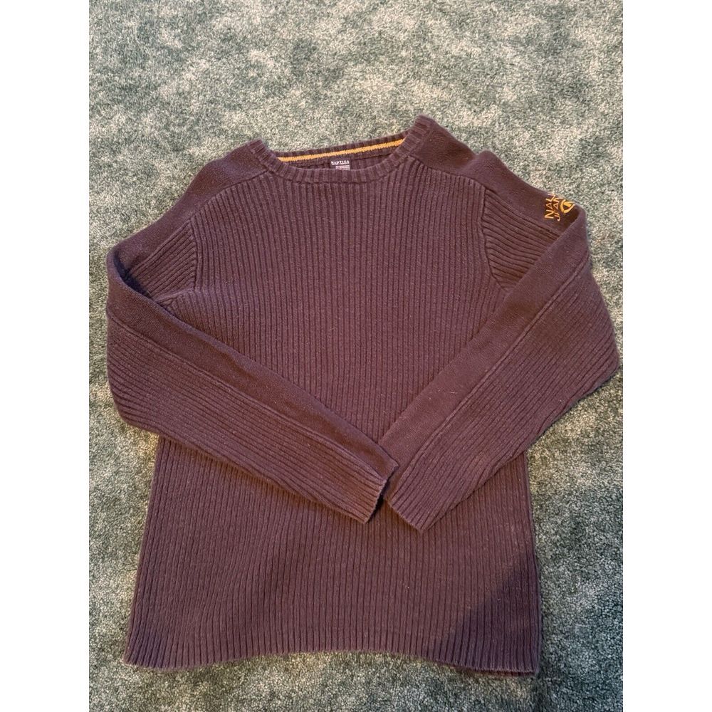 Vintage Nautica Sweater Men's Ribbed Knit Cotton Size M Navy Emroidered 90s Crew